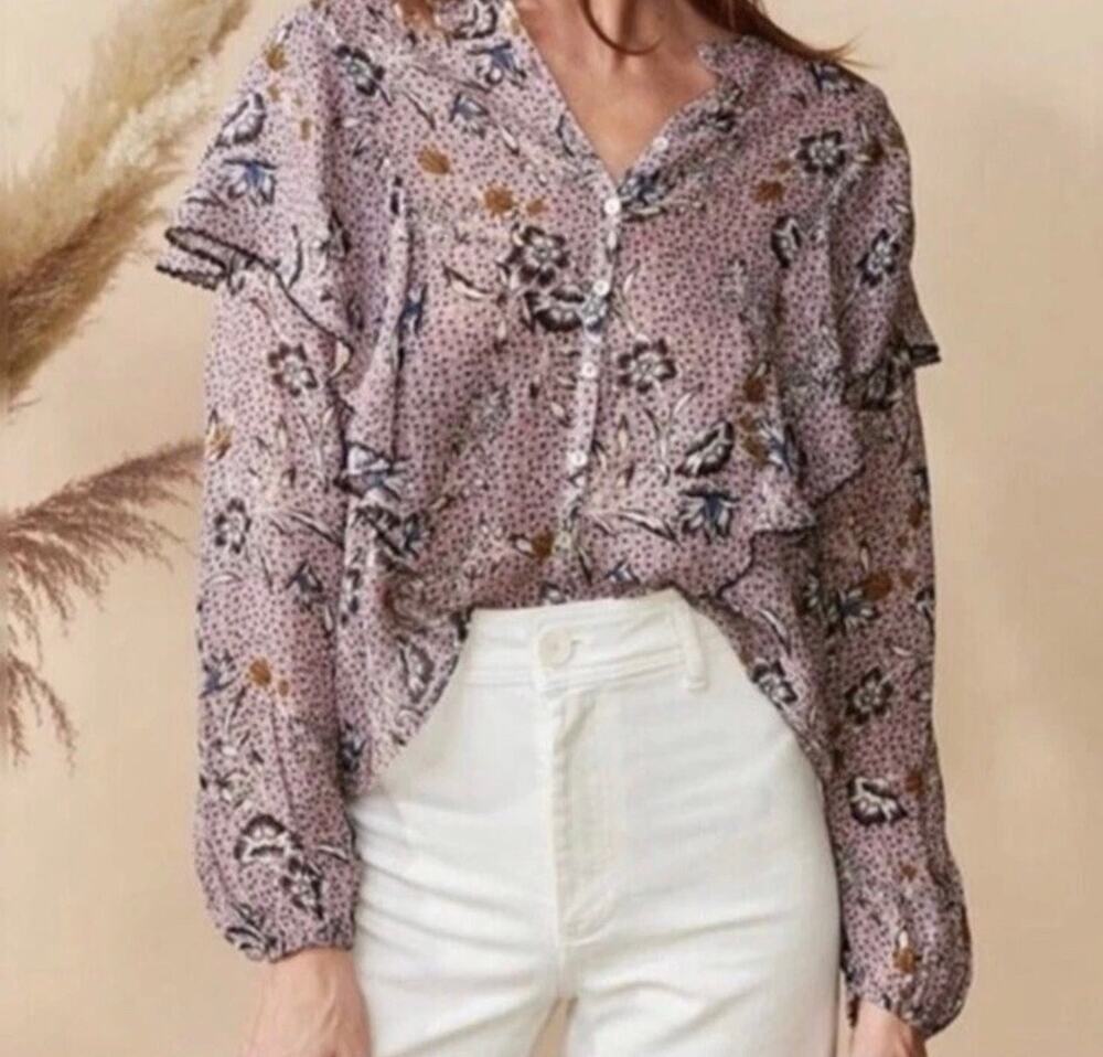 Dolan for Anthropologie Purple Sheer Lightweight Ruffle Floral Dot Blouse-Size S